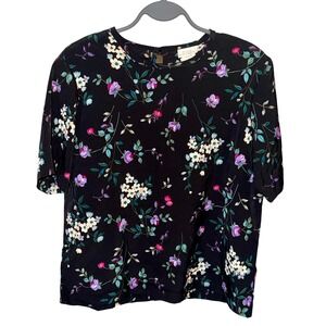 VTG Blair Boutique Black Floral Short Sleeve Blouse Size Small Vintage Workwear